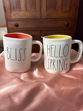Rae Dunn White Ceramic Mugs with Red and Yellow Interiors- set of 2